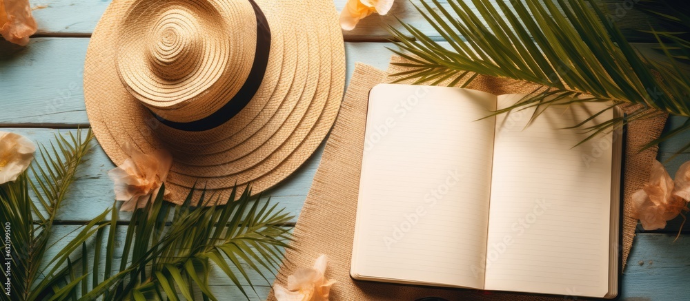 Poster a writing book with summer beach accessories is seen in the background, with copy space available. i