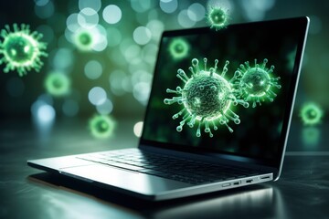 Virus warning alert on computer screen detected modish cyber threat , hacker, computer virus and malware. Generative AI