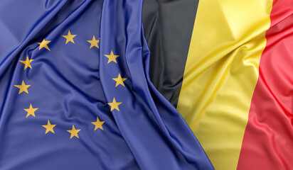 Ruffled Flags of European Union and Belgium. 3D Rendering
