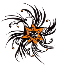 Abstract geometric festive pattern. Line art. Exotic star decorated with fluffy plumage with foliage and curved feathers. Graphic black-orange handmade illustration. Stylish cute retro wallpaper.