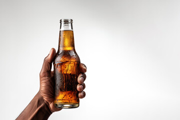 a male hand holding up a bottle of beer isolated on a white background with copy space