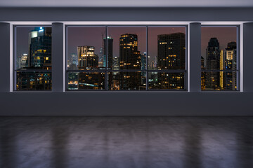 Empty room Interior Skyscrapers View Bangkok. Downtown City Skyline Buildings from High Rise Window. Beautiful Expensive Real Estate overlooking. Night time. 3d rendering.