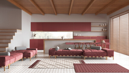 Minimal wooden kitchen with island and living room in white and red tones. Resin floor and beams ceiling. Island, sofa,and carpets. Japandi interior design