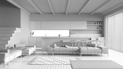 Total white project draft, minimal kitchen with island and living room. Resin floor and beams...