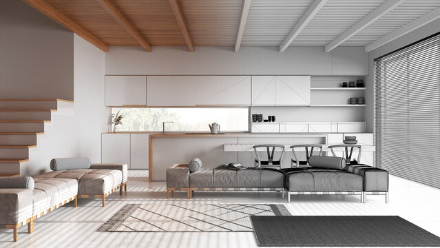 Architect interior designer concept: hand-drawn draft unfinished project that becomes real, minimal kitchen with island and living room. Japandi style