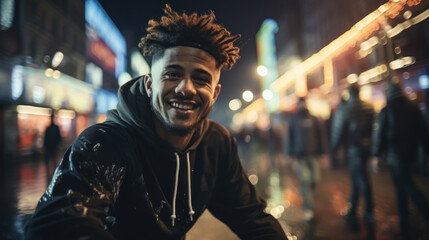 Young handsome afro american man in the city at night smiling happy and cool, lifestyle people...