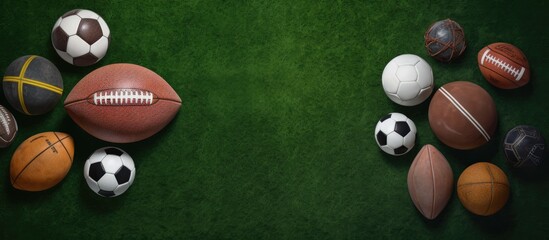 A top-down view of sport balls such as football and basketball, placed on a grass surface with empty space around them.