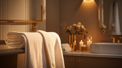 cozy bathroom ambiance, fluffy towel hanging from a towel rack, warm golden lighting creating a soothing atmosphere, minimalist and spa