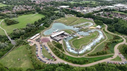 Aerial view looking down over Lee valley white water centre Olympics training park in London, England