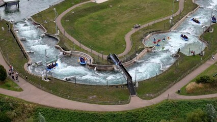Lee valley white water centre aerial view looking down over inflatable rafting training course curving waterway
