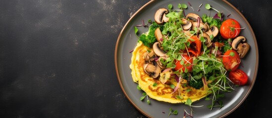 showcases a mushroom omelette with salad on a plate, presented on a dark concrete background. It represents a healthy food concept and is photographed from a top-down perspective.