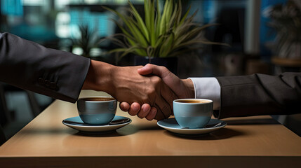 business people shaking hands over coffee