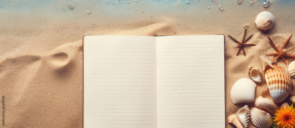 Poster a blank notebook with beach accessories in the background, suitable for writing. the photo is taken 