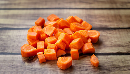 diced carrots on a wooden table, selective focus, rustic style. dice carrots.