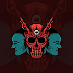 illustration of a skull with horns and two faces on each side