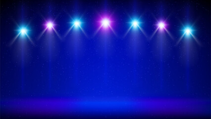 Stage, spotlight. Blue background, backdrop for displaying products. Glowing light spot on scene. Shining stage blue pink purple lights with ramp illumination. Bright spotlights. Vector illustration