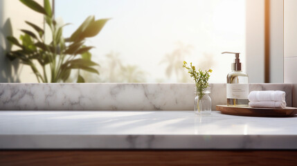 Fototapeta na wymiar Beautiful marble table top with blurred bathroom interior background