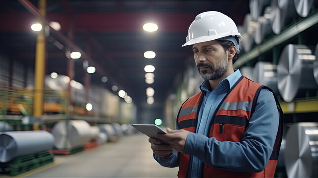 An Engineer Standing Holding An IPad To Inspect The Rolls Of Galvanized Steel Sheet Inside The Factory Or Warehouse. Generative Ai