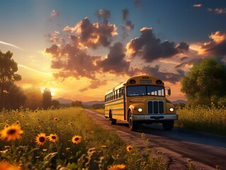 Yellow school bus on a country road, school bus driving on a field road, school bus close-up