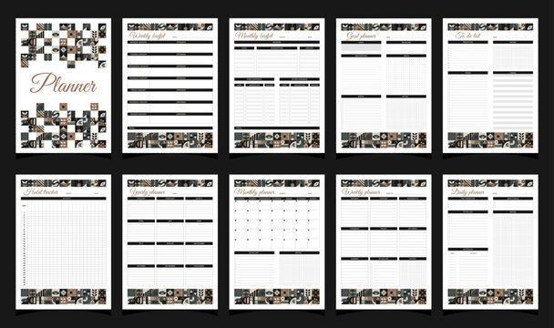 Planners set geometry. Daily, weekly, monthly, yearly, habit tracker, to do list, goal, monthly budjet, weekly budjet and cover.  Planners printable template with geometric shapes