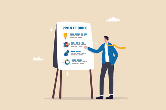 Project briefing, design summary or brief document presentation, business goal strategy or workflow development details, planning concept, businessman present project brief on meeting room whiteboard.