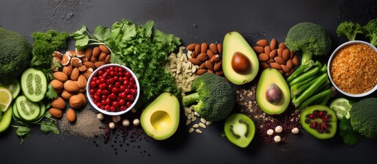 Healthy vegan food displayed on a gray background with enough space for additional content. The selection includes superfoods such as nuts, beans, greens, and seeds.