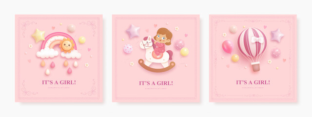 Set of baby shower invitation template with baby girl, rocking horse, rainbow and hot air balloon. Square card or web banner collection. Its a girl. Vector illustration