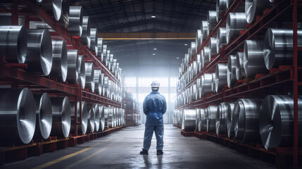 A Worker with Rolls of galvanized steel sheet inside the factory or warehouse. Generative Ai - obrazy, fototapety, plakaty