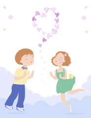 Child with heart. Vector illustration for First Kiss Day. Wedding, celebration, congratulation.