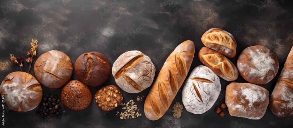 Poster Various types of crusty bread and buns arranged on a stone table, seen from the top, with enough space for you to add your own text.