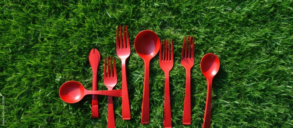 Poster Plastic plates, forks, spoons, and knives that can be easily discarded. The tableware is red and placed on green grass with a moss background. is taken from a top view and empty space available for