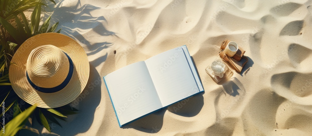 Poster a writing book with beach accessories on a background, with space for writing and a flat lay setup.