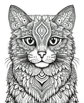 Mandala, black and white illustration for coloring animals, cat.