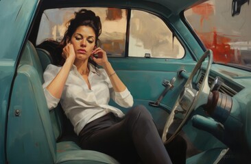 Obraz na płótnie Canvas Girl in the car behind the wheel
