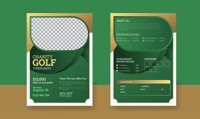 Golf tournament poster template with golf club and ball, golf game flyer and magazine cover