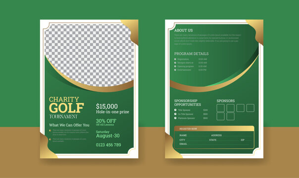 Golf tournament poster template with golf club and ball, golf game flyer and magazine cover