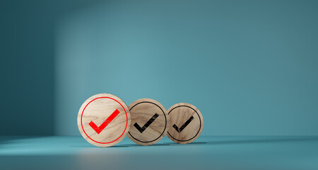 Checklist. Wooden label with tick mark icons for Task list, Confirmation or Double check. Quality...