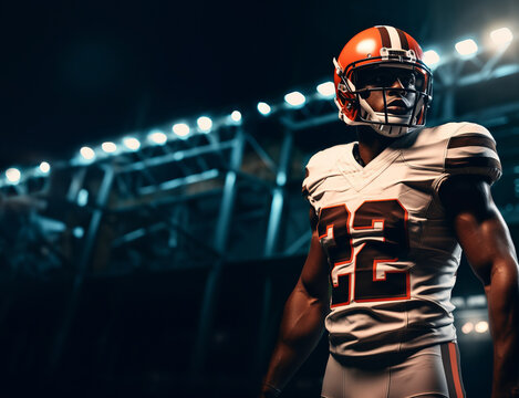 An American football player in an orange helmet and a white uniform. On the background of the floodlights of the football stadium. Background with space for text. Generative Ai