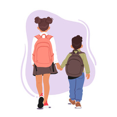 Two Children Characters With Backpacks Walking Hand In Hand Towards School, Rear View. Excitement And Anticipation
