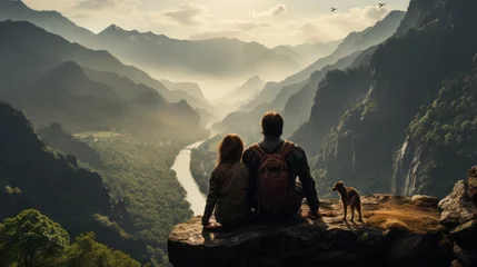 Fotobehang A couple with a dog in a dramatic, atmospheric panoramic landscape.Generative AI © senadesign