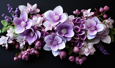 Naklejka na ściany i meble Abstract lilac flowers on a dark background, empty space.