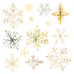 Set watercolor gold silver snowflakes. Clipart elements isolated on white background.