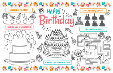 Festive placemat for children. Print out the happy birthday sheet with maze, hidden objects and find the ones that are the same. 17x11 inch printable vector file