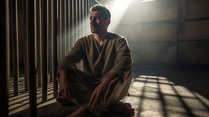 An anxious male prisoner sits on his knees in a cell, beamed with sunlight. through the barred window to him
