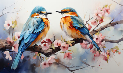 Bright little birds sit on a flowering branch.