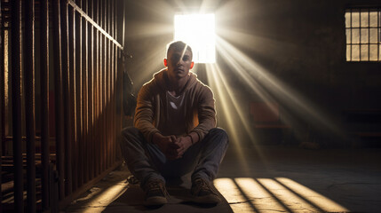 An anxious male prisoner sits on his knees in a cell, beamed with sunlight. through the barred window to him