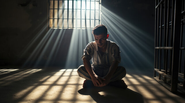 An anxious male prisoner sits on his knees in a cell, beamed with sunlight. through the barred window to him