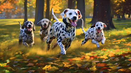 a group of adorable and playful Dalmatian dogs running and frolicking on green grass in a park