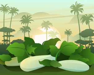 Zucchini grows ripe. Summer rural landscape. Garden with vegetables. Tropical palms. Thickets of herbs. Cartoon fun style. Flat design. Vector
