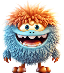 Fototapeta premium Funny shaggy furry cheerful monster with big eyes and smiling mouth with big white teeth, isolated on transparent background. Children's cartoon character or cute soft toy. Generative AI